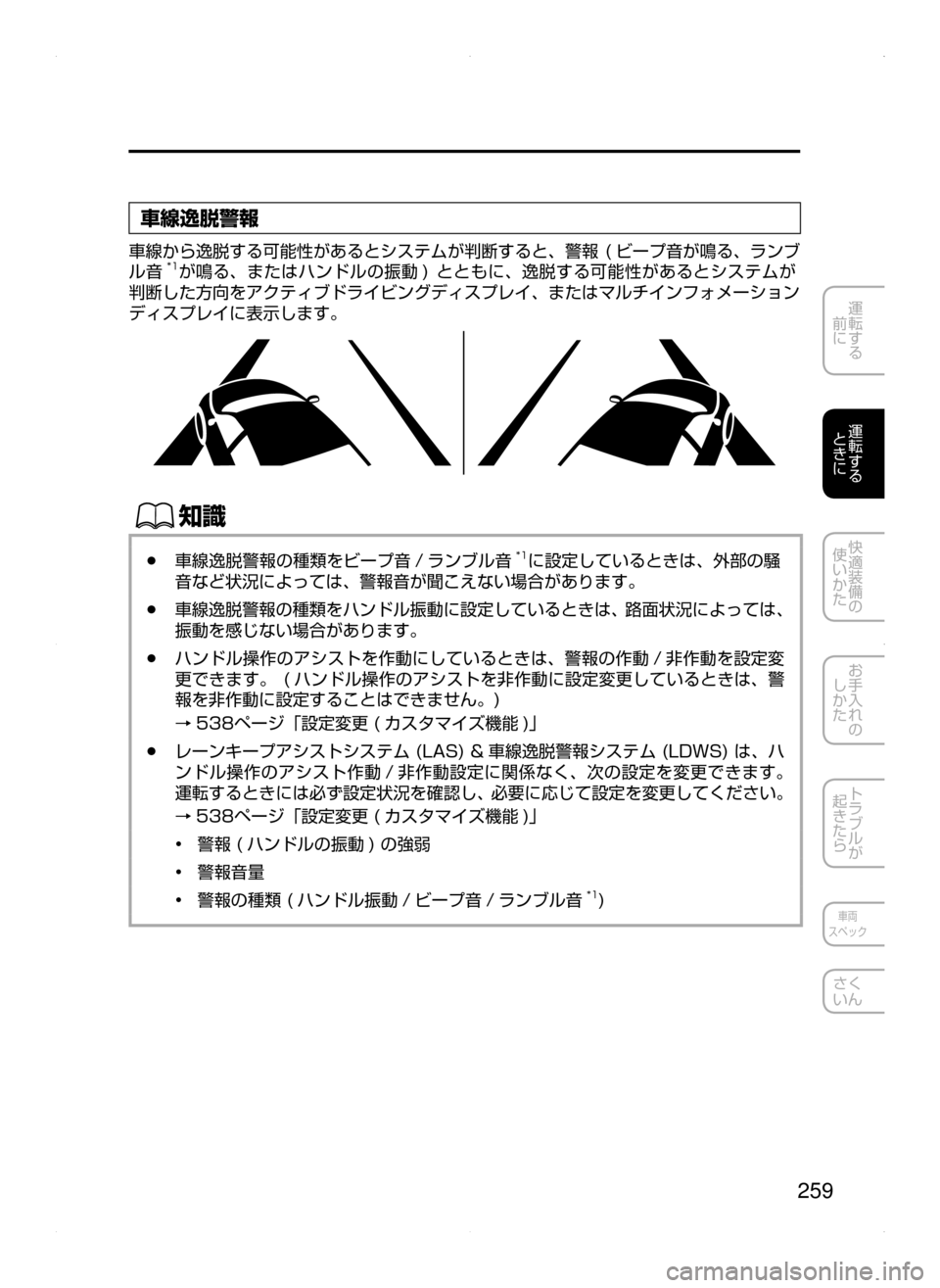 MAZDA MODEL ATENZA 2015  アテンザ｜取扱説明書 (in Japanese) 259
運転する
﻿﻿
前に
運転する
﻿﻿
ときに
快適装備の
使いかた
お手入れの
しかた
トラブルが
起きたら
車両
スペック
さく
いん
車線逸脱警報
