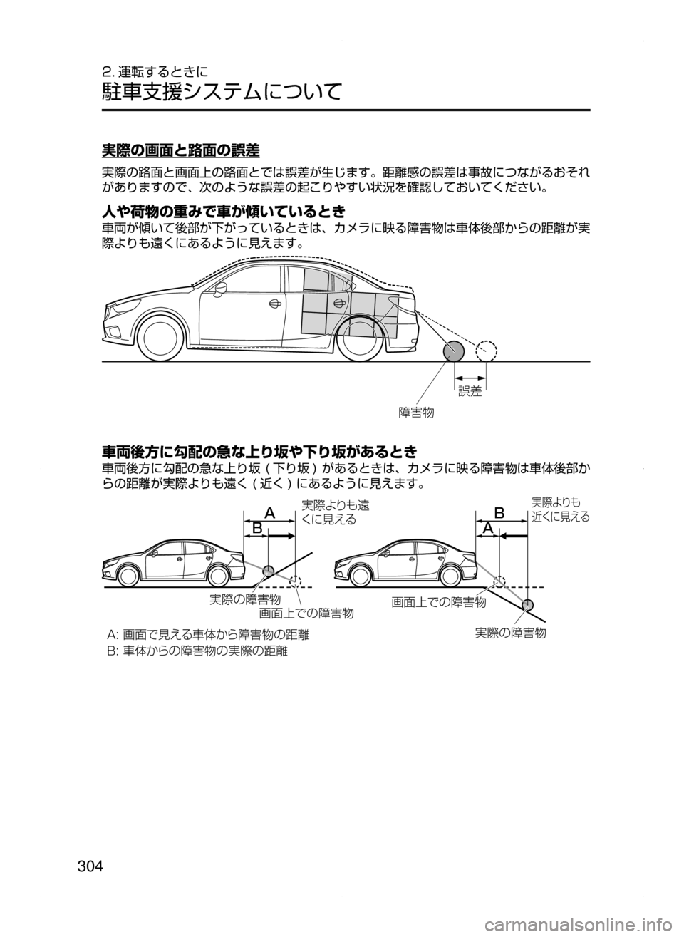 MAZDA MODEL ATENZA 2015  アテンザ｜取扱説明書 (in Japanese) 304
2. 運転するときに
駐車支援システムについて
実際の画面と路面の誤差
実際の路面と画面上の路面とでは誤差が生じます。距離感の誤差は事故に