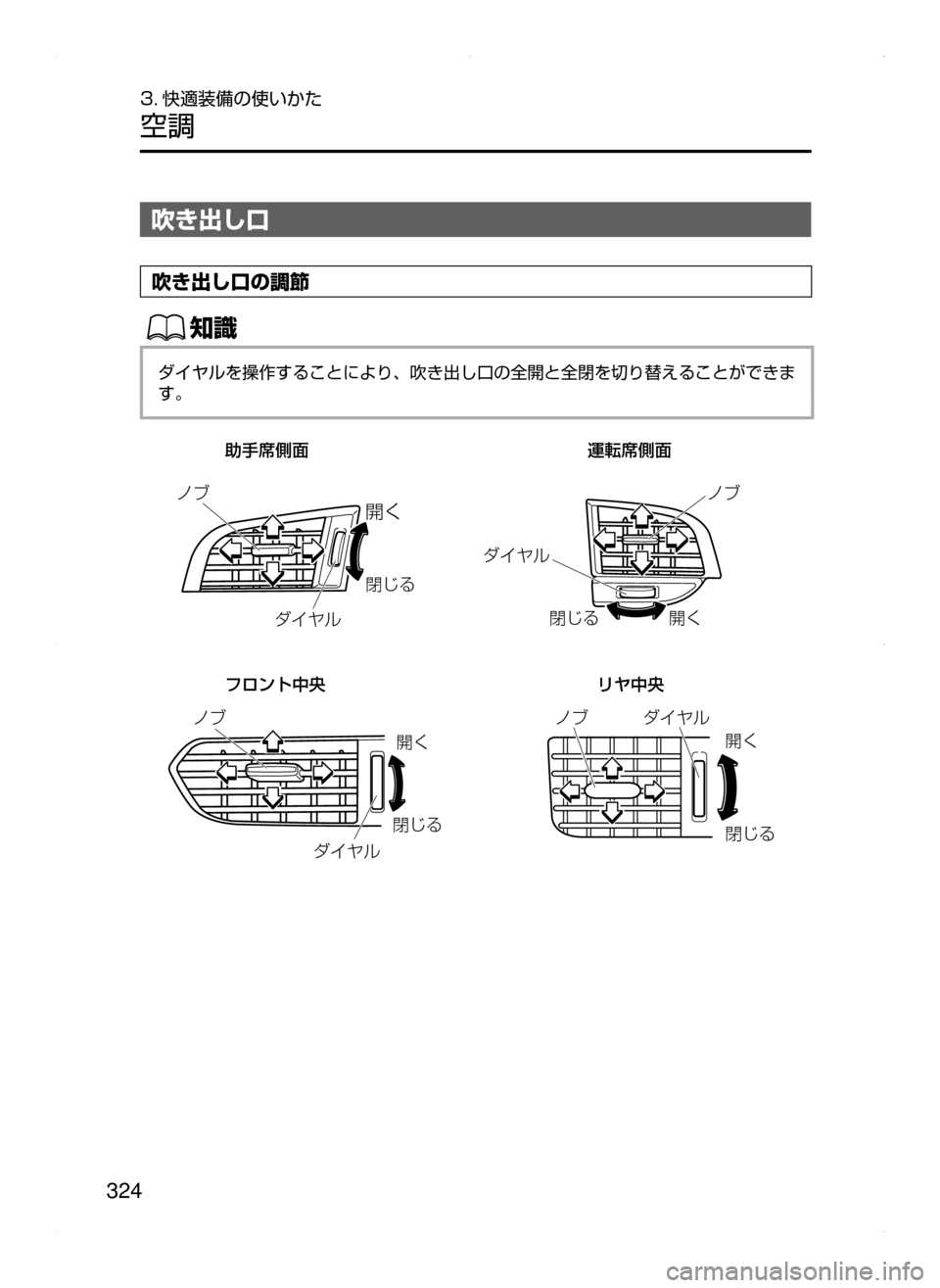 MAZDA MODEL ATENZA 2015  アテンザ｜取扱説明書 (in Japanese) 324
3. 快適装備の使いかた
空調
吹き出し口
吹き出し口の調節
ŒÝ
ダイヤルを操作することにより､ 吹き出し口の全開と全閉を切り替えることがで