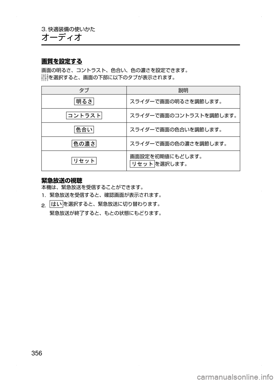 MAZDA MODEL ATENZA 2015  アテンザ｜取扱説明書 (in Japanese) 356
3. 快適装備の使いかた
オーディオ
画質を設定する
画面の明るさ､ コントラスト､ 色合い､ 色の濃さを設定できます。
を選択すると､ 画面の