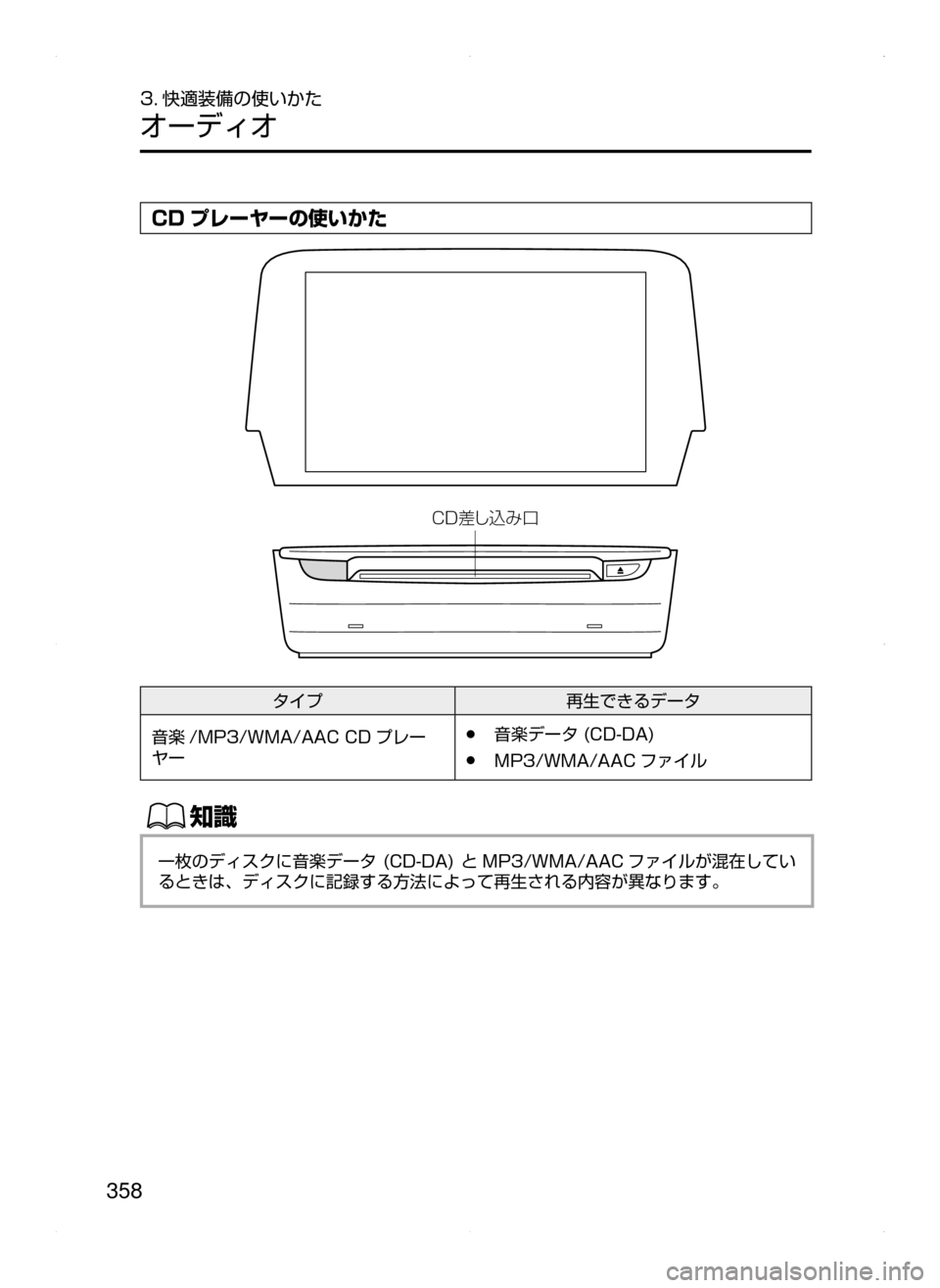MAZDA MODEL ATENZA 2015  アテンザ｜取扱説明書 (in Japanese) 358
3. 快適装備の使いかた
オーディオ
CD プレーヤーの使いかた
�$�%)`