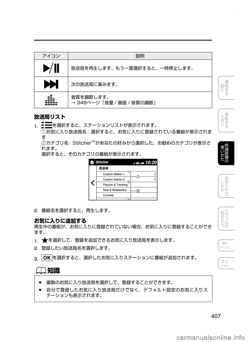 MAZDA MODEL ATENZA 2015  アテンザ｜取扱説明書 (in Japanese) 407
運転する
﻿﻿
前に
運転する
﻿﻿
ときに
快適装備の
使いかた
お手入れの
しかた
トラブルが
起きたら
車両
スペック
さく
いん
アイコン 説明
