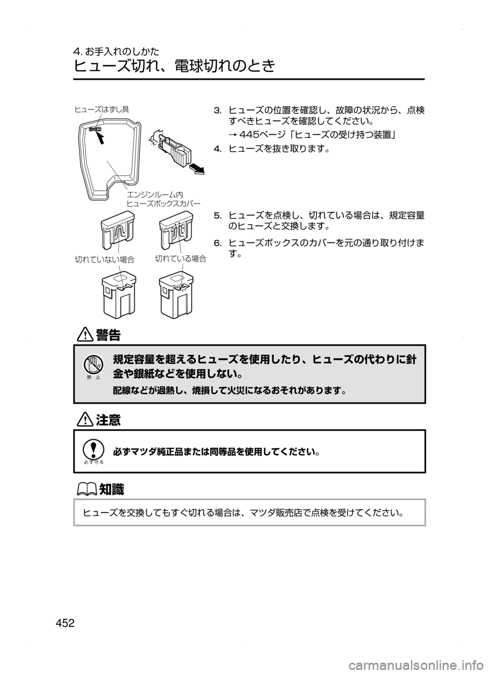 MAZDA MODEL ATENZA 2015  アテンザ｜取扱説明書 (in Japanese) 452
4. お手入れのしかた
ヒューズ切れ､ 電球切れのとき
¤ï´ï ç”ÜºyyyÎá ”¶ Ø¿«µ §Ì ”
Îá
”¶ xc`é
3.	ヒューズの位置を