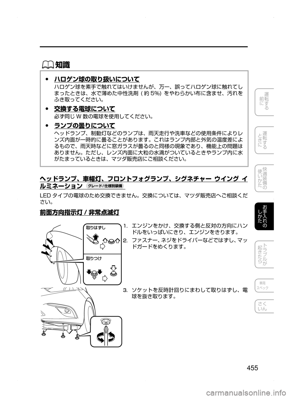 MAZDA MODEL ATENZA 2015  アテンザ｜取扱説明書 (in Japanese) 455
運転する
﻿﻿
前に
運転する
﻿﻿
ときに
快適装備の
使いかた
お手入れの
しかた
トラブルが
起きたら
車両
スペック
さく
いん
ŒÝ
 ●ハロ