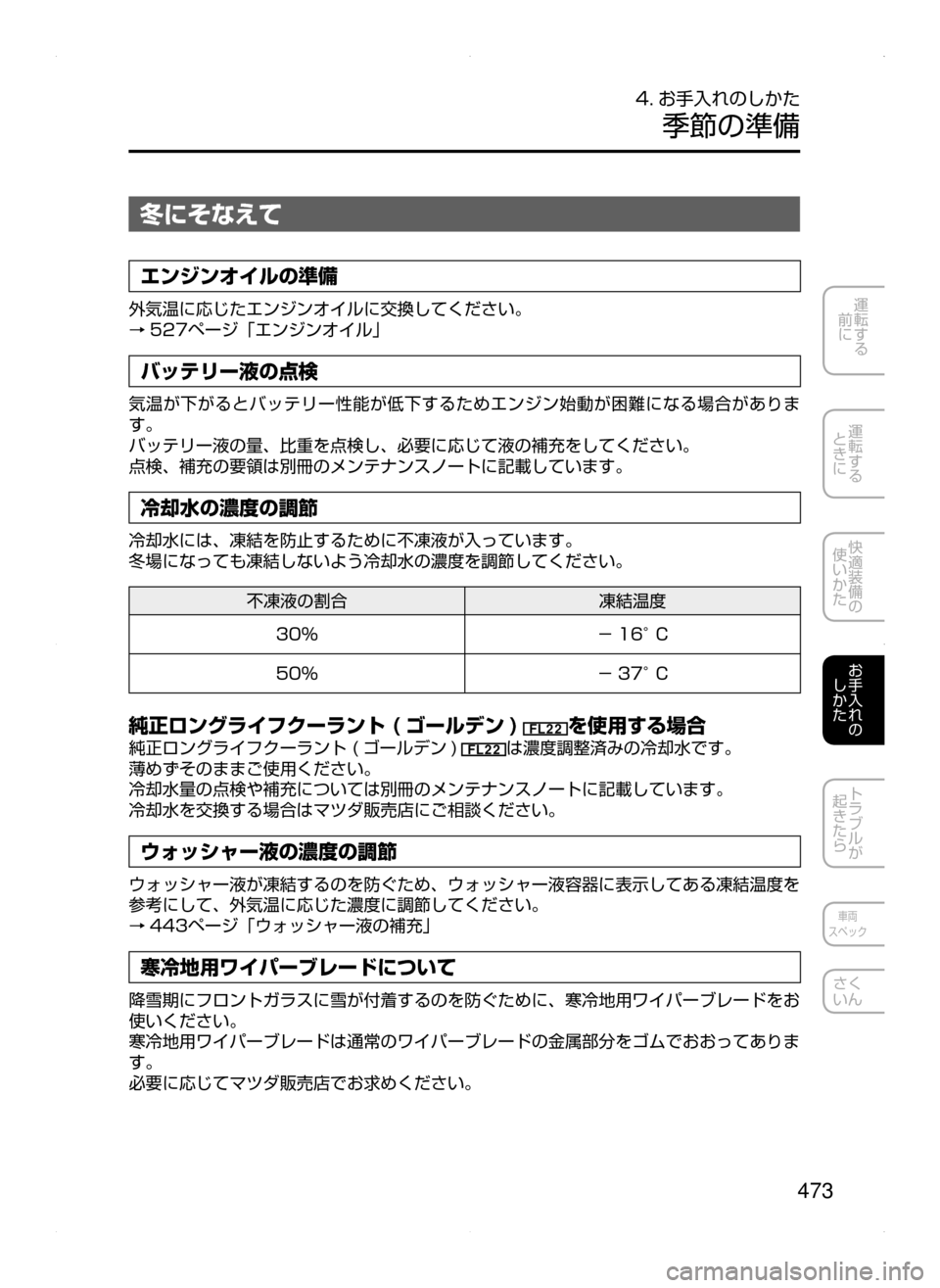MAZDA MODEL ATENZA 2015  アテンザ｜取扱説明書 (in Japanese) 473
運転する
﻿﻿
前に
運転する
﻿﻿
ときに
快適装備の
使いかた
お手入れの
しかた
トラブルが
起きたら
車両
スペック
さく
いん
4. お手入れのし