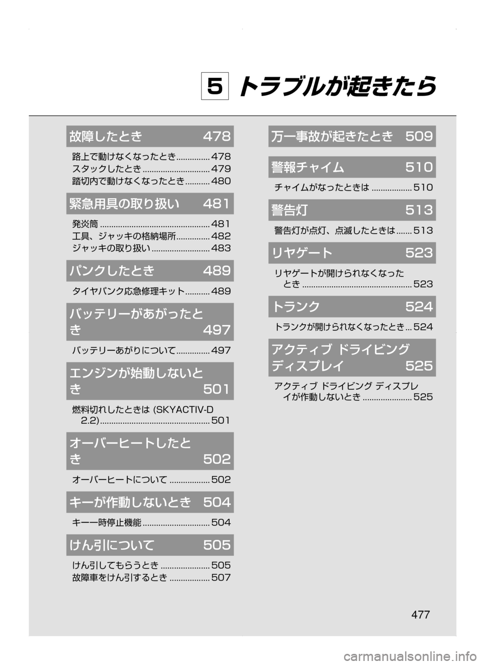 MAZDA MODEL ATENZA 2015  アテンザ｜取扱説明書 (in Japanese) 477
5 トラブルが起きたら
故障したとき	 478
路上で動けなくなったとき﻿﻿...............478
スタックしたとき
﻿﻿..............................479
踏切内で