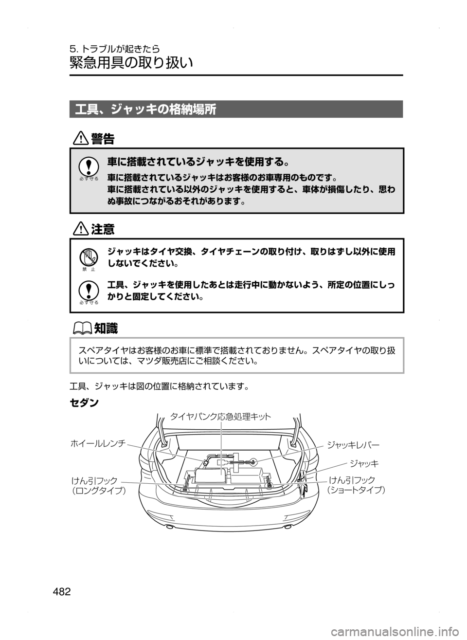 MAZDA MODEL ATENZA 2015  アテンザ｜取扱説明書 (in Japanese) 482
5. トラブルが起きたら
緊急用具の取り扱い
工具､ ジャッキの格納場所
/
車に搭載されているジャッキを使用する。
車に搭載されているジャッ