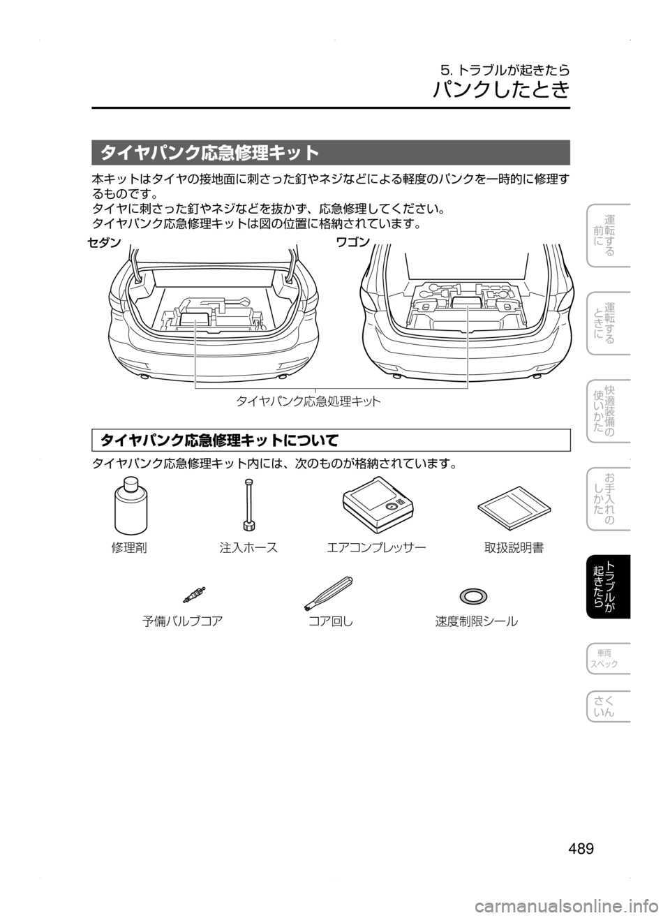 MAZDA MODEL ATENZA 2015  アテンザ｜取扱説明書 (in Japanese) 489
運転する
﻿﻿
前に
運転する
﻿﻿
ときに
快適装備の
使いかた
お手入れの
しかた
トラブルが
起きたら
車両
スペック
さく
いん
5. トラブルが起