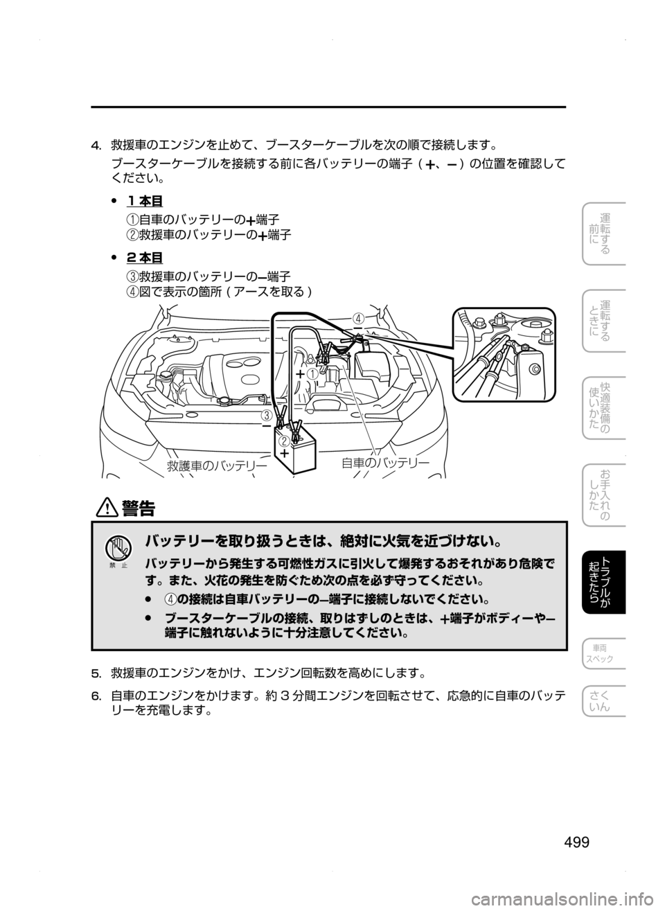 MAZDA MODEL ATENZA 2015  アテンザ｜取扱説明書 (in Japanese) 499
運転する
﻿﻿
前に
運転する
﻿﻿
ときに
快適装備の
使いかた
お手入れの
しかた
トラブルが
起きたら
車両
スペック
さく
いん
4.	救援車のエン