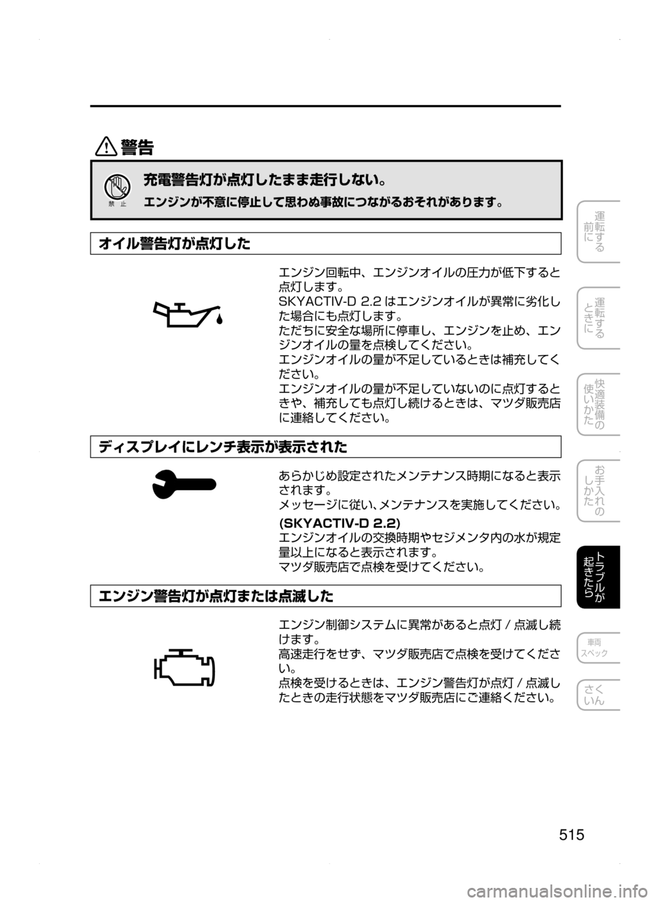 MAZDA MODEL ATENZA 2015  アテンザ｜取扱説明書 (in Japanese) 515
運転する
﻿﻿
前に
運転する
﻿﻿
ときに
快適装備の
使いかた
お手入れの
しかた
トラブルが
起きたら
車両
スペック
さく
いん
/
充電警告灯