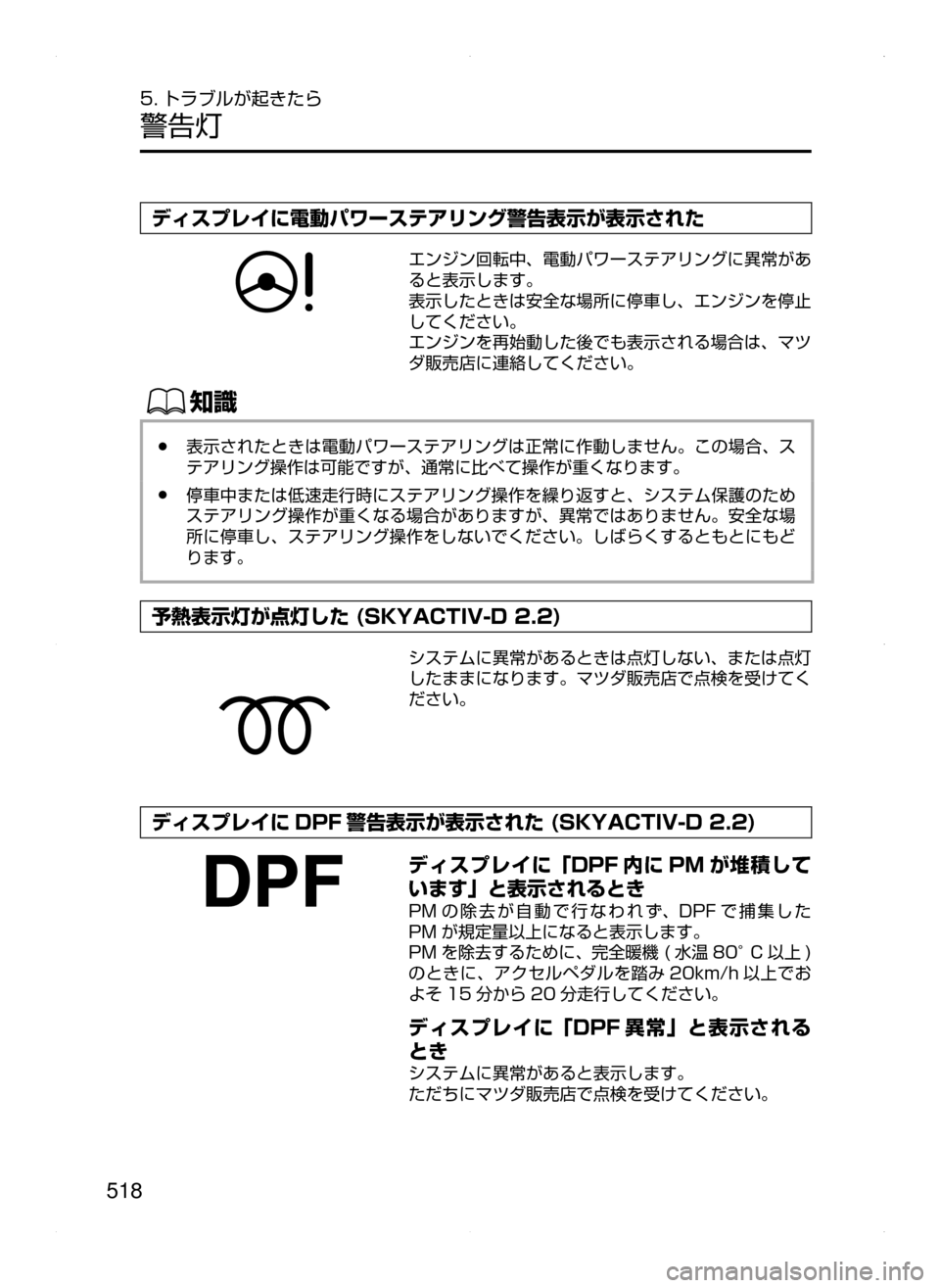 MAZDA MODEL ATENZA 2015  アテンザ｜取扱説明書 (in Japanese) 518
5. トラブルが起きたら
警告灯
ディスプレイに電動パワーステアリング警告表示が表示された
エンジン回転中､ 電動パワーステアリングに異常が