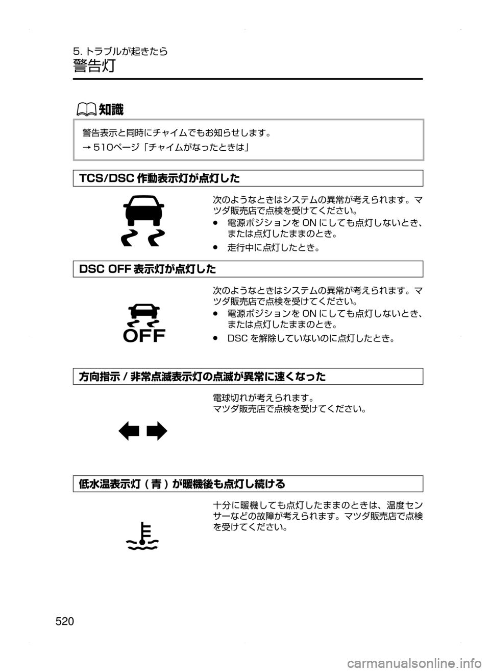 MAZDA MODEL ATENZA 2015  アテンザ｜取扱説明書 (in Japanese) 520
5. トラブルが起きたら
警告灯
ŒÝ
警告表示と同時にチャイムでもお知らせします。
→510ページ「チャイムがなったときは」
TCS/DSC 作動表示灯が