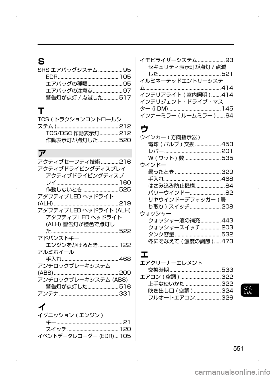 MAZDA MODEL ATENZA 2015  アテンザ｜取扱説明書 (in Japanese) 551
さく
いん
S
SRS エアバッグシステム﻿﻿..................95
EDR
﻿﻿.............................................105
エアバッグの種類
﻿﻿..........................95
エ