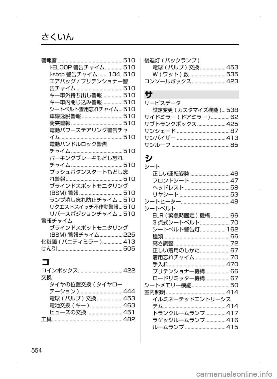 MAZDA MODEL ATENZA 2015  アテンザ｜取扱説明書 (in Japanese) 554
警報音﻿﻿................................................510
i-ELOOP 警告チャイム
﻿﻿.............510
i-stop 警告チャイム
﻿﻿.......134,﻿﻿510
エアバッグ / プリ