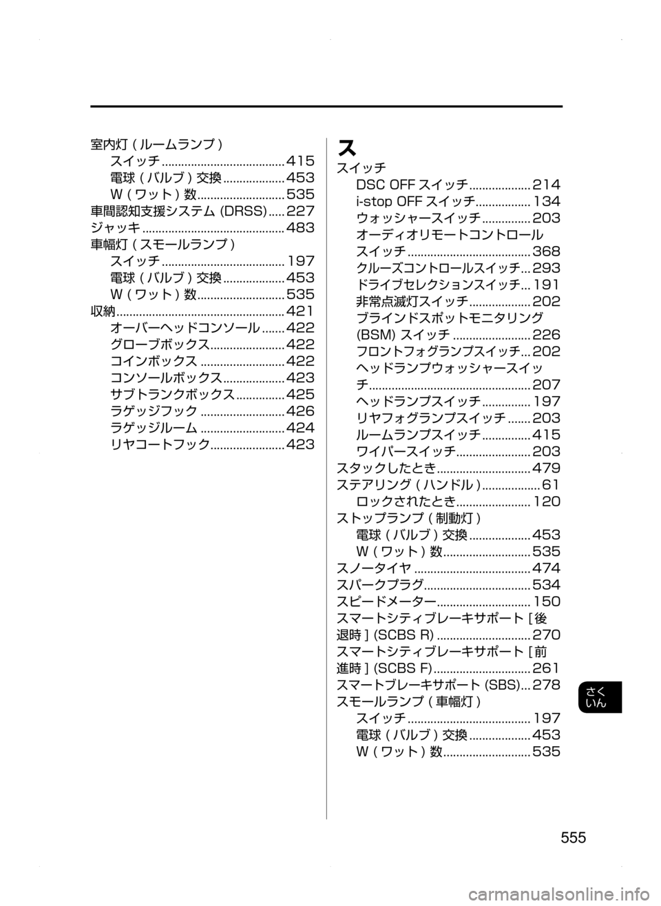 MAZDA MODEL ATENZA 2015  アテンザ｜取扱説明書 (in Japanese) 555
さく
いん
室内灯﻿﻿( ルームランプ )
スイッチ﻿﻿......................................415
電球﻿﻿( バルブ )﻿﻿交換﻿﻿...................453
W﻿﻿( ワット