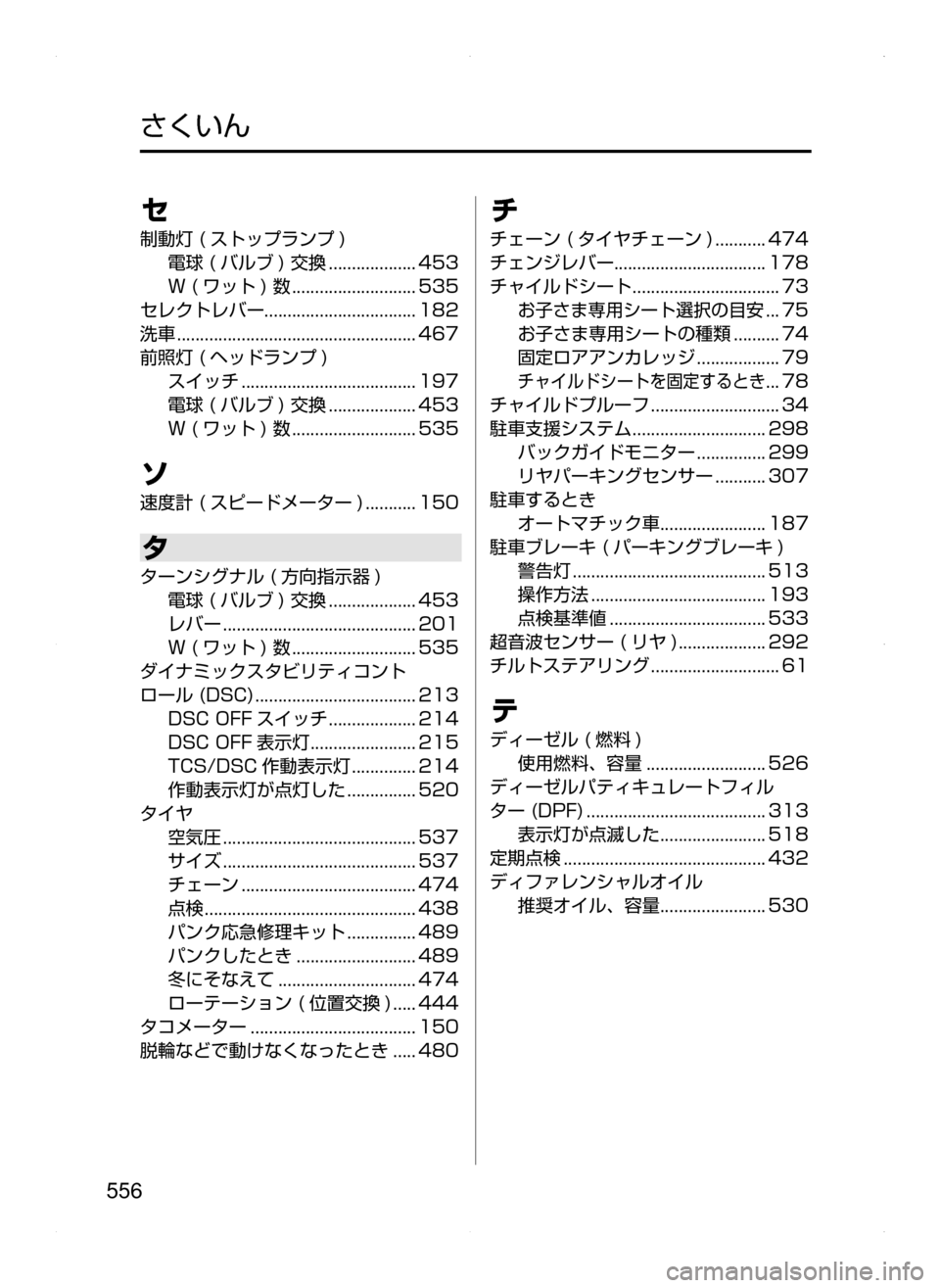 MAZDA MODEL ATENZA 2015  アテンザ｜取扱説明書 (in Japanese) 556
セ
制動灯﻿﻿( ストップランプ )
電球﻿﻿( バルブ )﻿﻿交換﻿﻿...................453
W﻿﻿( ワット )﻿﻿数﻿﻿...........................535
セレクトレバ