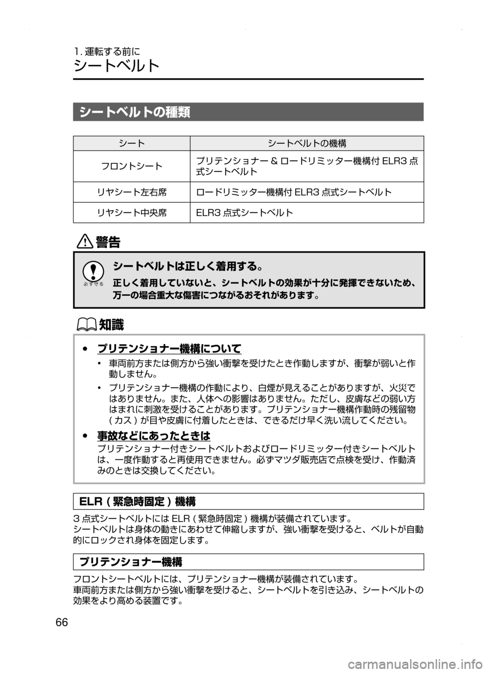 MAZDA MODEL ATENZA 2015  アテンザ｜取扱説明書 (in Japanese) 66
1. 運転する前に
シートベルト
シートベルトの種類
シートシートベルトの機構
フロントシート プリテンショナー & ロードリミッター機構付 ELR3 点
