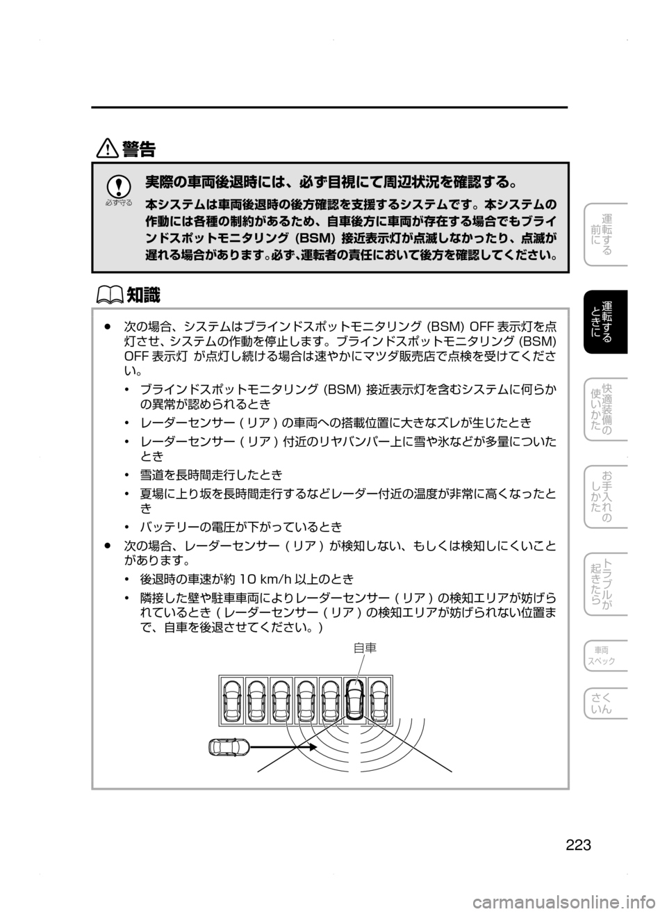 MAZDA MODEL AXELA 2016  アクセラ｜取扱説明書 (in Japanese) 223
運転する
﻿﻿
前に
運転する
﻿﻿
ときに
快適装備の
使いかた
お手入れの
しかた
トラブルが
起きたら
車両
スペック
さく
いん
/

žc 	”
実