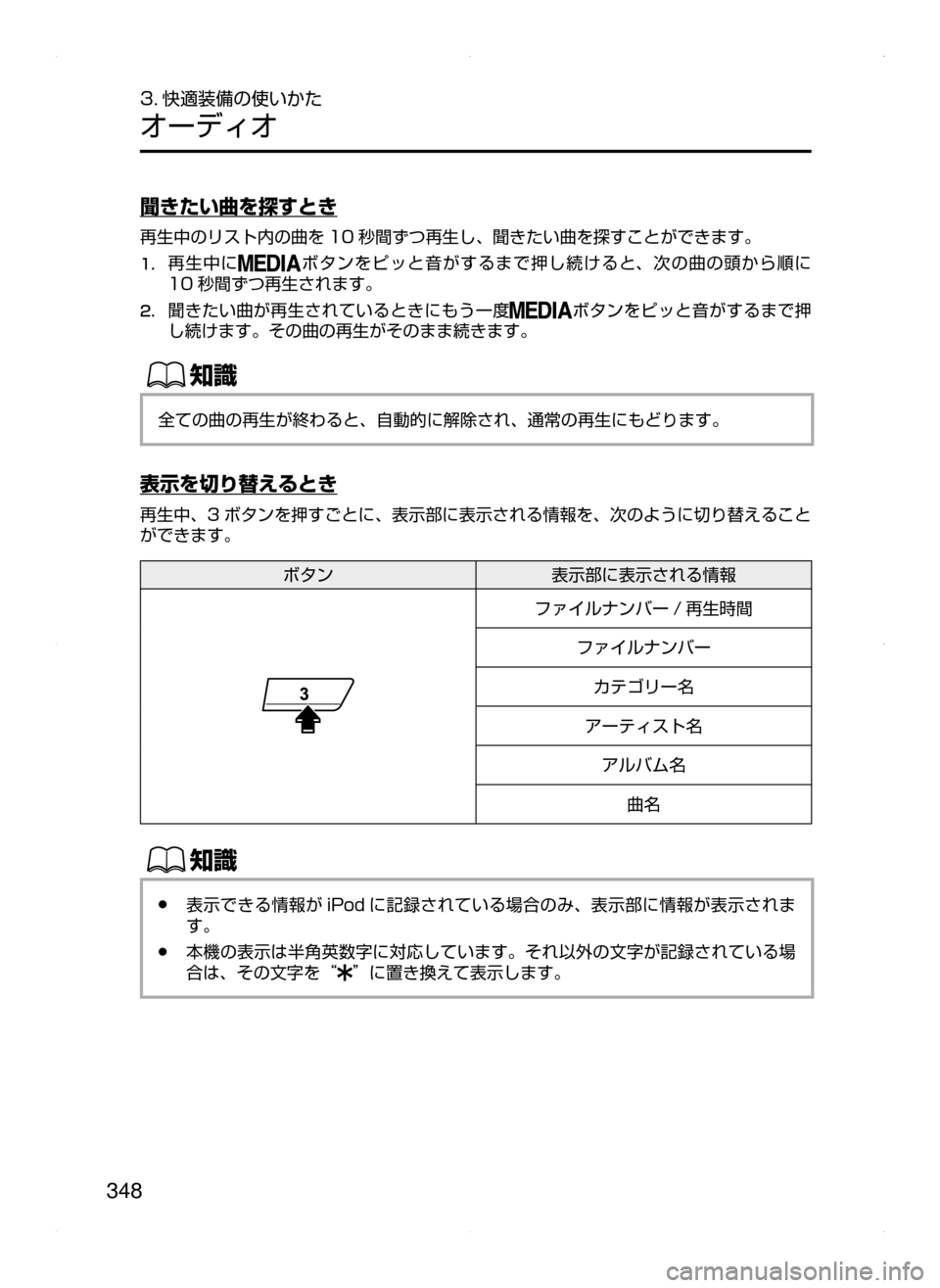 MAZDA MODEL AXELA 2016  アクセラ｜取扱説明書 (in Japanese) 348
3. 快適装備の使いかた
オーディオ
聞きたい曲を探すとき
再生中のリスト内の曲を 10 秒間ずつ再生し､ 聞きたい曲を探すことができます。
1.	再