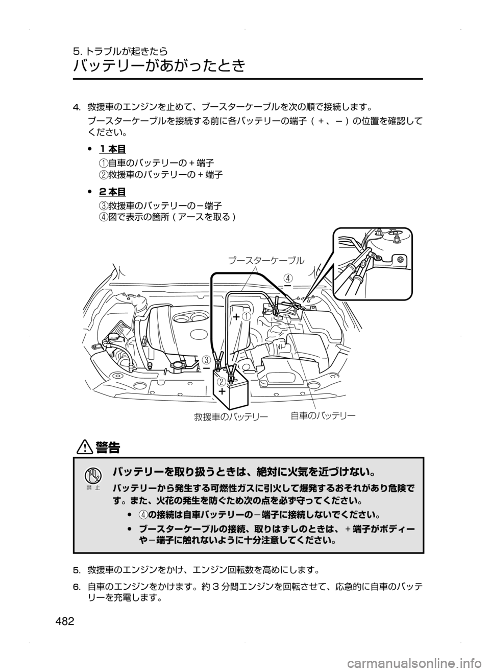 MAZDA MODEL AXELA 2016  アクセラ｜取扱説明書 (in Japanese) 482
5. トラブルが起きたら
バッテリーがあがったとき
4.	救援車のエンジンを止めて､ ブースターケーブルを次の順で接続します。
ブースターケーブ
