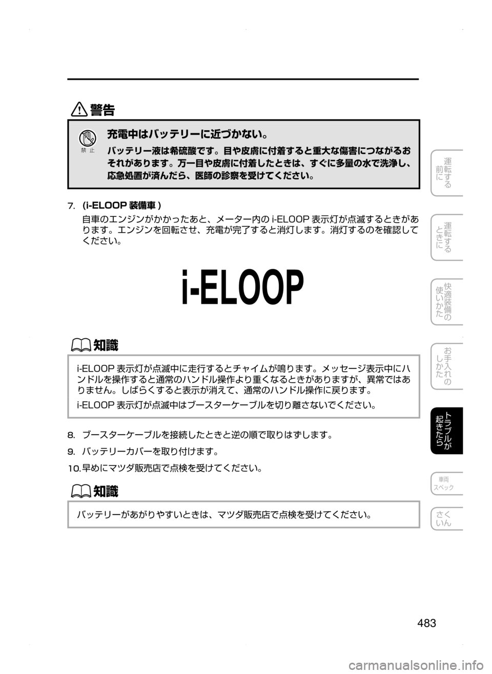 MAZDA MODEL AXELA 2016  アクセラ｜取扱説明書 (in Japanese) 483
運転する
﻿﻿
前に
運転する
﻿﻿
ときに
快適装備の
使いかた
お手入れの
しかた
トラブルが
起きたら
車両
スペック
さく
いん
/
Ð��­
充