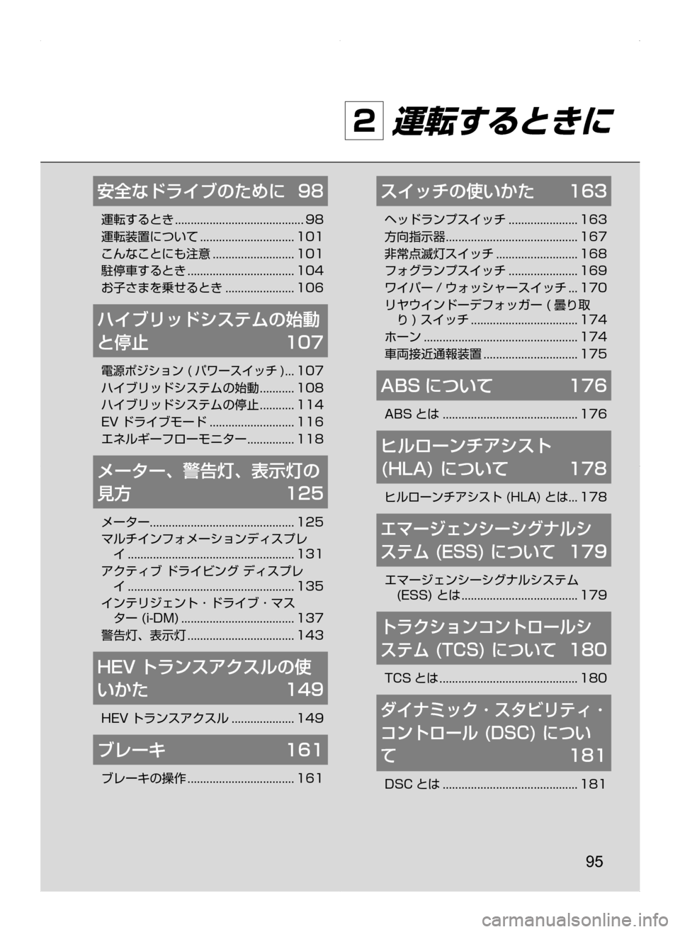 MAZDA MODEL AXELA HYBRID 2014 アクセラハイブリッド|取扱説明書 (in Japanese) 95
2 運転するときに
安全なドライブのために 98
運転するとき..........................................98
運転装置について...............................101
こんな MAZDA MODEL AXELA HYBRID 2014 アクセラハイブリッド|取扱説明書 (in Japanese) 95
2 運転するときに
安全なドライブのために 98
運転するとき..........................................98
運転装置について...............................101
こんな