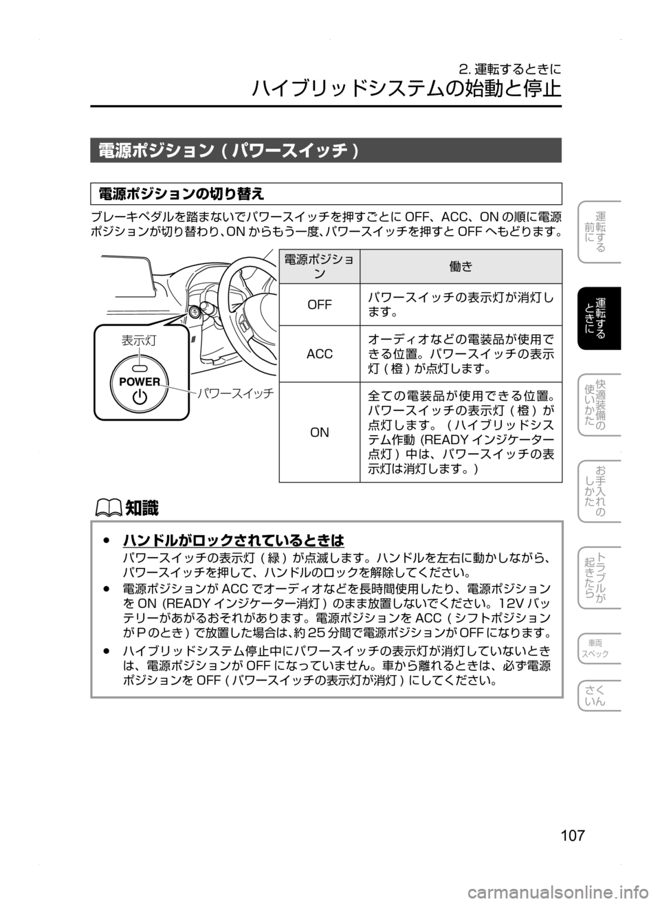 MAZDA MODEL AXELA HYBRID 2014  アクセラハイブリッド｜取扱説明書 (in Japanese) 107
運転する
.
前に
運転する
.
ときに
快適装備の
使いかた
お手入れの
しかた
トラブルが
起きたら
車両
スペック
さく
いん
2. 運転するときに
ハイ