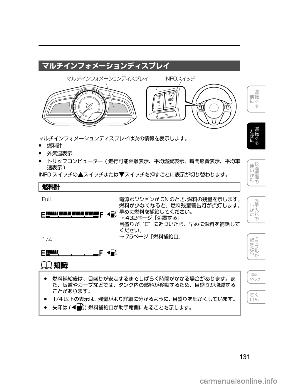 MAZDA MODEL AXELA HYBRID 2014  アクセラハイブリッド｜取扱説明書 (in Japanese) 131
運転する
.
前に
運転する
.
ときに
快適装備の
使いかた
お手入れの
しかた
トラブルが
起きたら
車両
スペック
さく
いん
マルチインフォメーシ