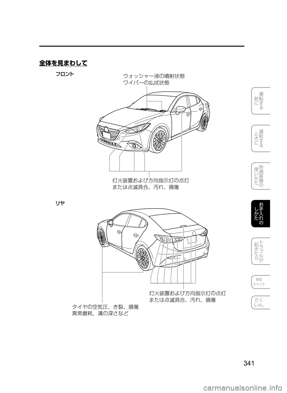 MAZDA MODEL AXELA HYBRID 2014  アクセラハイブリッド｜取扱説明書 (in Japanese) 341
運転する
.
前に
運転する
.
ときに
快適装備の
使いかた
お手入れの
しかた
トラブルが
起きたら
車両
スペック
さく
いん
全体を見まわして
¢¥