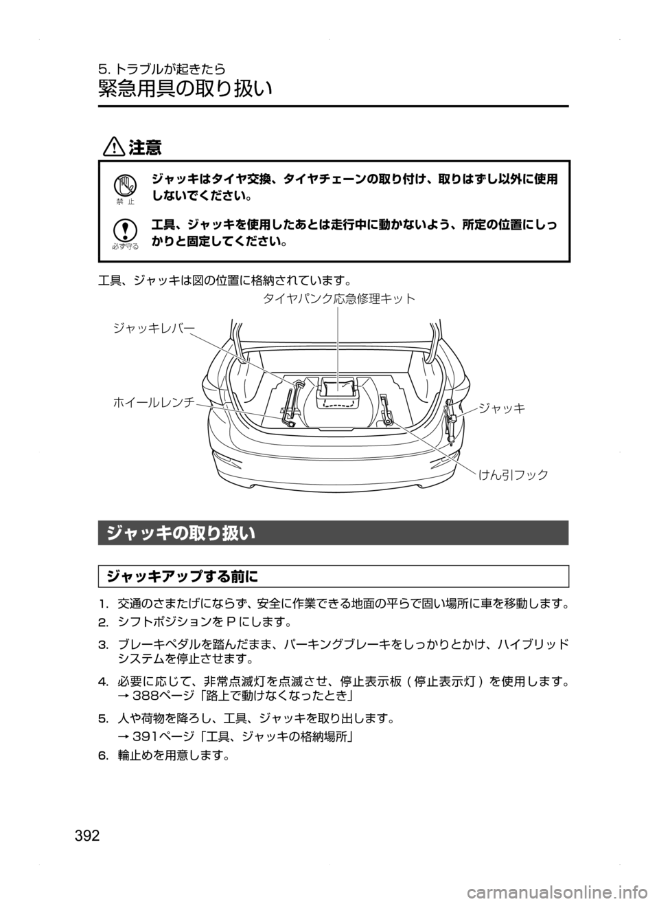 MAZDA MODEL AXELA HYBRID 2014  アクセラハイブリッド｜取扱説明書 (in Japanese) 392
5. トラブルが起きたら
緊急用具の取り扱い
«™
Ð��­
ジャッキはタイヤ交換､ タイヤチェーンの取り付け､ 取りはずし以外に使用
しないで