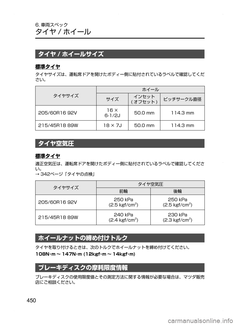 MAZDA MODEL AXELA HYBRID 2014  アクセラハイブリッド｜取扱説明書 (in Japanese) 450
6. 車両スペック
タイヤ / ホイール
タイヤ / ホイールサイズ
標準タイヤ
タイヤサイズは､ 運転席ドアを開けたボディー側に貼付されているラベ