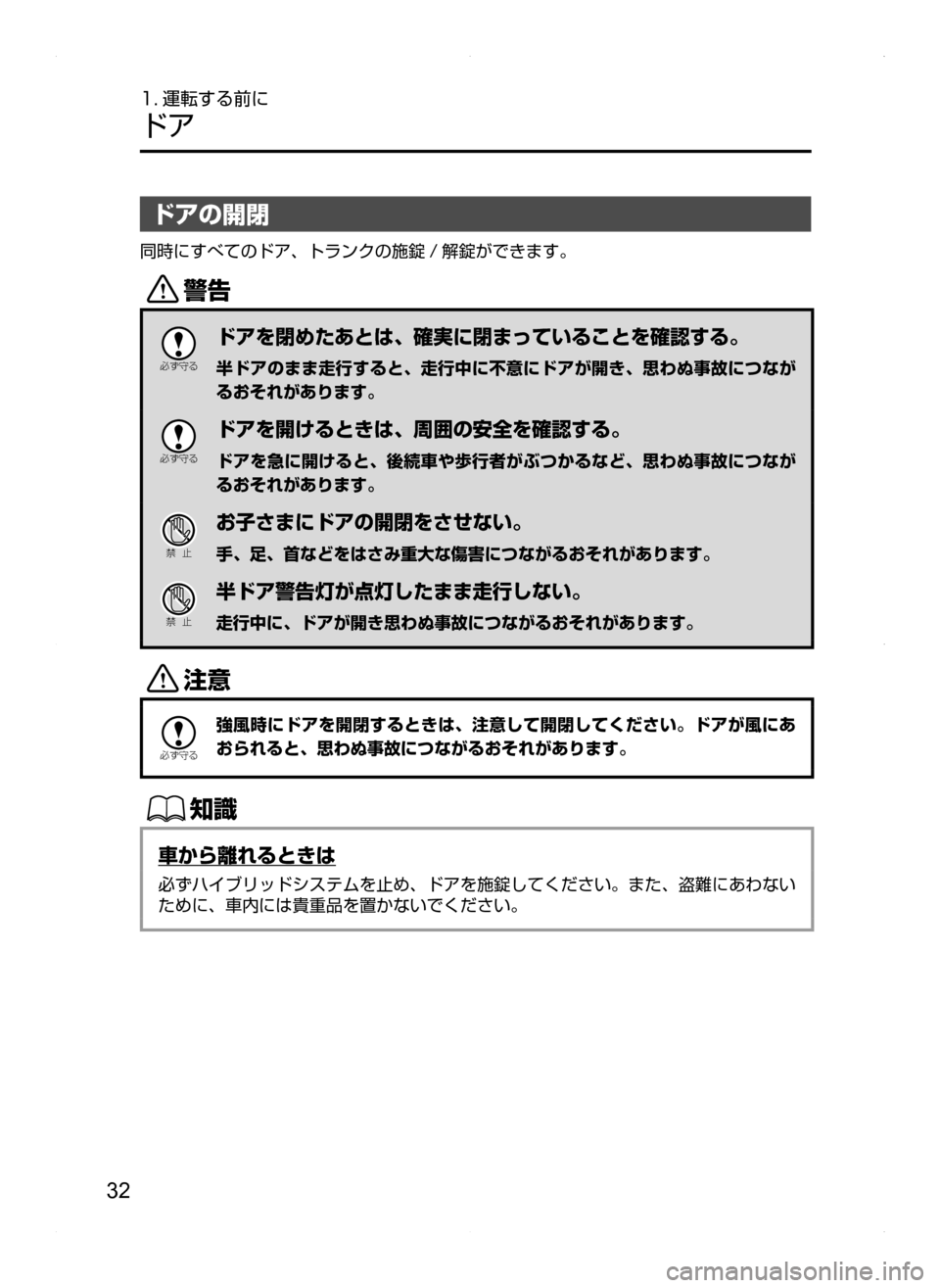MAZDA MODEL AXELA HYBRID 2014  アクセラハイブリッド｜取扱説明書 (in Japanese) 32
1. 運転する前に
ドア
ドアの開閉
同時にすべてのドア､ トランクの施錠 / 解錠ができます。
/

žc	”
ドアを閉めたあとは､ 確実に閉まってい
