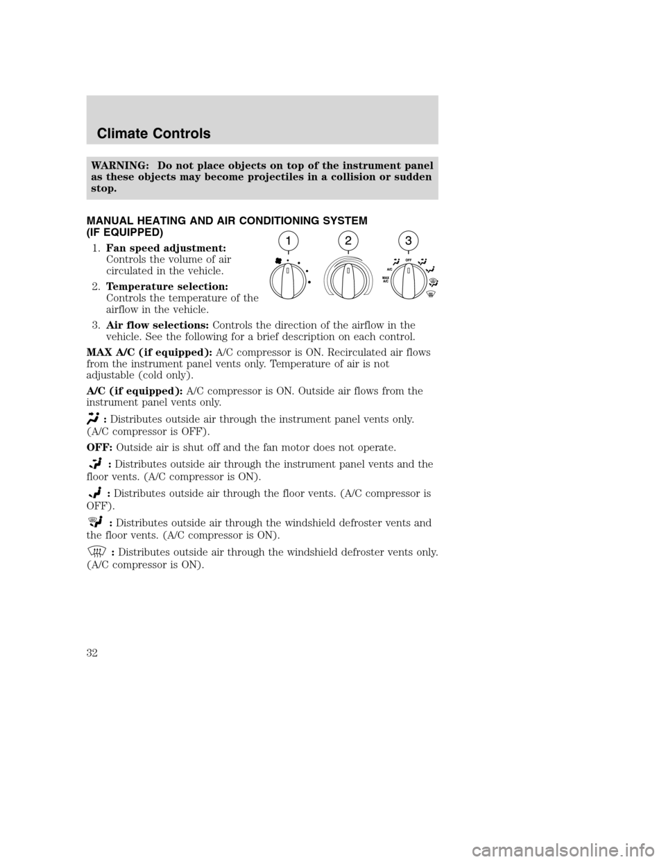 MAZDA MODEL B-SERIES 2005 Owners Manual (in English) WARNING: Do not place objects on top of the instrument panel
as these objects may become projectiles in a collision or sudden
stop.
MANUAL HEATING AND AIR CONDITIONING SYSTEM
(IF EQUIPPED)
1.Fan speed MAZDA MODEL B-SERIES 2005 Owners Manual (in English) WARNING: Do not place objects on top of the instrument panel
as these objects may become projectiles in a collision or sudden
stop.
MANUAL HEATING AND AIR CONDITIONING SYSTEM
(IF EQUIPPED)
1.Fan speed