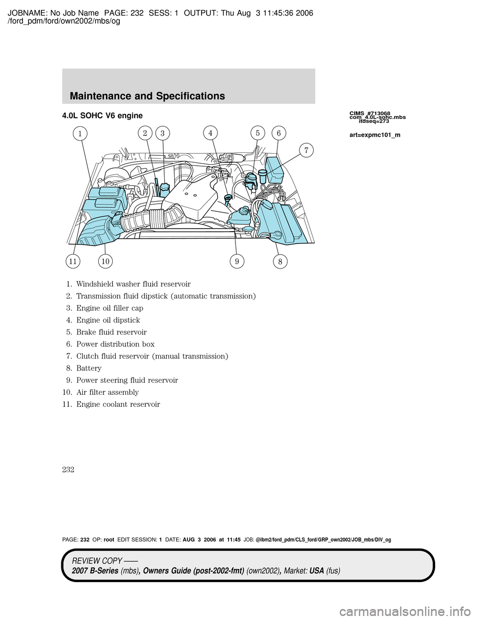 MAZDA MODEL B4000 TRUCK 2007  Owners Manual (in English) JOBNAME: No Job Name PAGE: 232 SESS: 1 OUTPUT: Thu Aug 3 11:45:36 2006
/ford_pdm/ford/own2002/mbs/og
4.0L SOHC V6 engine
1. Windshield washer fluid reservoir
2. Transmission fluid dipstick (automatic 