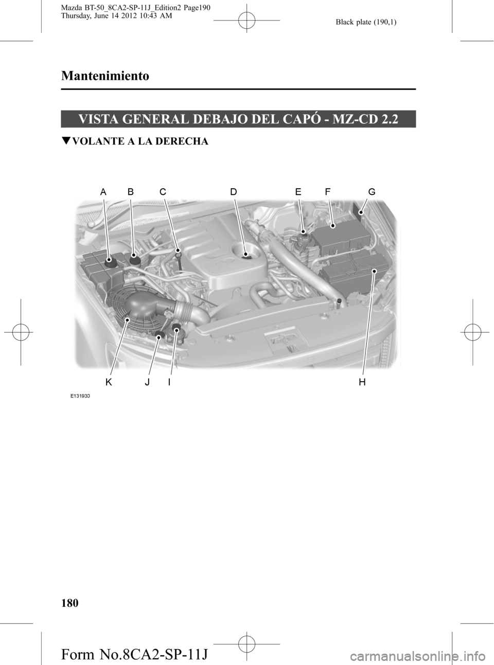 MAZDA MODEL BT-50 2015  Manual del propietario (in Spanish) Black plate (190,1)
VISTA GENERAL DEBAJO DEL CAPÓ - MZ-CD 2.2
qVOLANTE A LA DERECHA
180
Mantenimiento
Mazda BT-50_8CA2-SP-11J_Edition2 Page190
Thursday, June 14 2012 10:43 AM
Form No.8CA2-SP-11J 