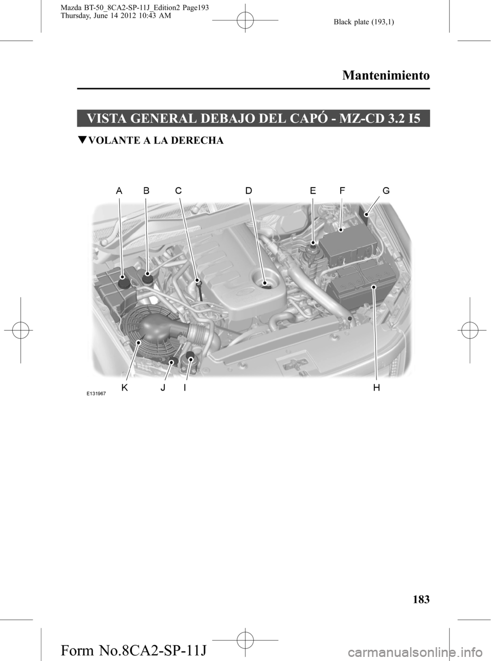 MAZDA MODEL BT-50 2015  Manual del propietario (in Spanish) Black plate (193,1)
VISTA GENERAL DEBAJO DEL CAPÓ - MZ-CD 3.2 I5
qVOLANTE A LA DERECHA
Mantenimiento
183
Mazda BT-50_8CA2-SP-11J_Edition2 Page193
Thursday, June 14 2012 10:43 AM
Form No.8CA2-SP-11J 