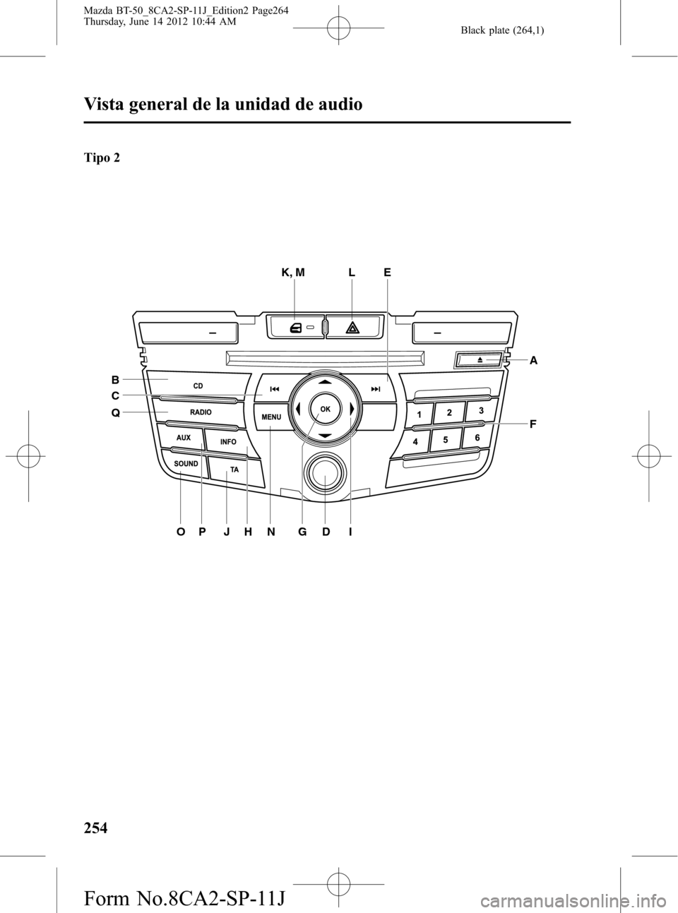 MAZDA MODEL BT-50 2015  Manual del propietario (in Spanish) Black plate (264,1)
Tipo 2
K, MLE
A
F
I
GDNHPJO Q
B
C
254
Vista general de la unidad de audio
Mazda BT-50_8CA2-SP-11J_Edition2 Page264
Thursday, June 14 2012 10:44 AM
Form No.8CA2-SP-11J 