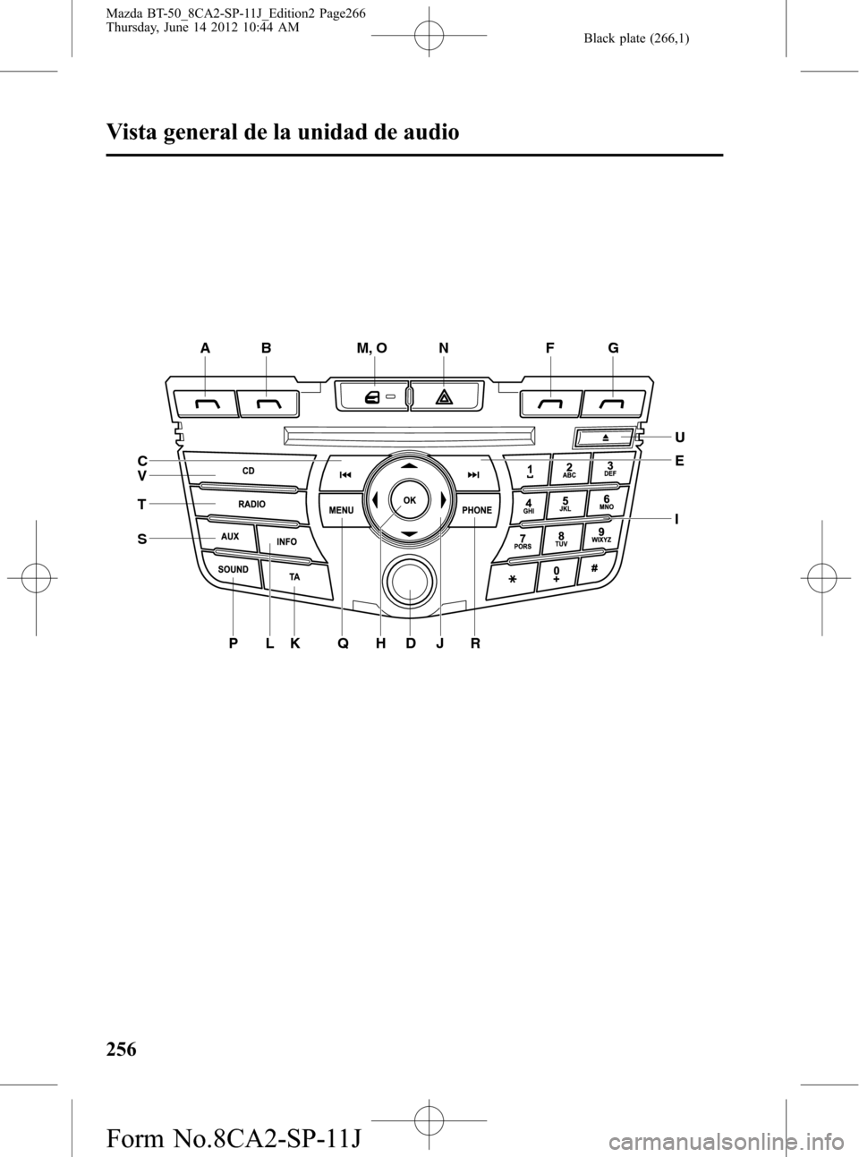 MAZDA MODEL BT-50 2015  Manual del propietario (in Spanish) Black plate (266,1)
ABNF
RG
UM, O
E
I
JHDQKLP S
T
VC
256
Vista general de la unidad de audio
Mazda BT-50_8CA2-SP-11J_Edition2 Page266
Thursday, June 14 2012 10:44 AM
Form No.8CA2-SP-11J 