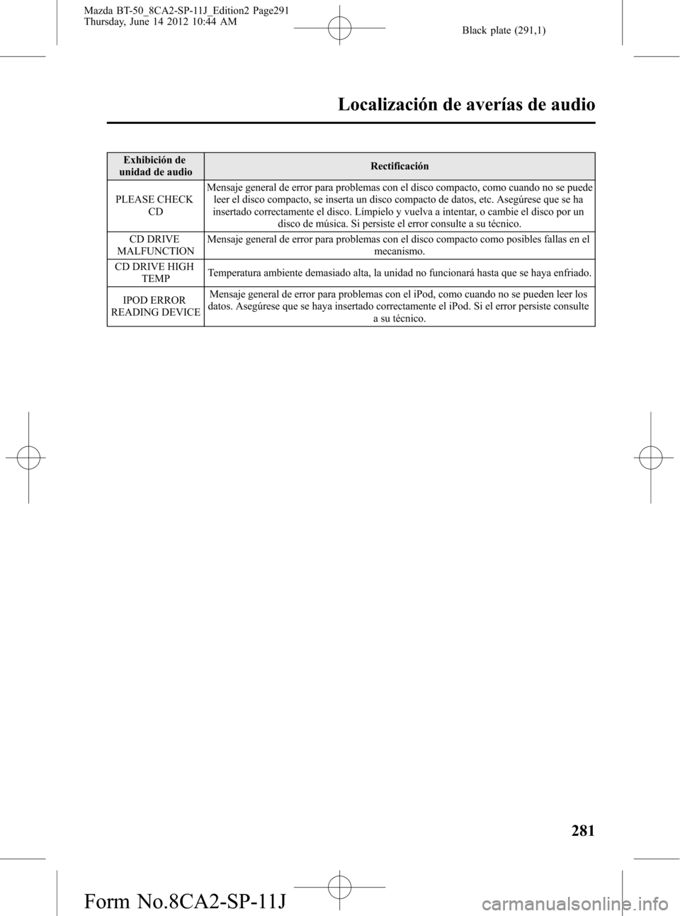 MAZDA MODEL BT-50 2015  Manual del propietario (in Spanish) Black plate (291,1)
Exhibición de
unidad de audioRectificación
PLEASE CHECK
CDMensaje general de error para problemas con el disco compacto, como cuando no se puede
leer el disco compacto, se insert