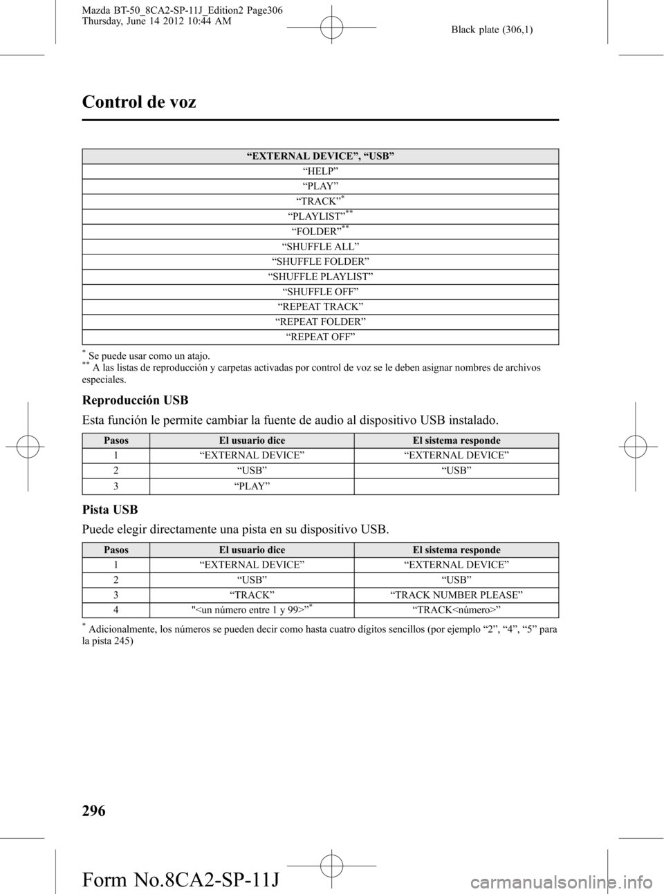 MAZDA MODEL BT-50 2015  Manual del propietario (in Spanish) Black plate (306,1)
“EXTERNAL DEVICE”,“USB”
“HELP”
“PLAY”
“TRACK”
*
“PLAYLIST”**
“FOLDER”**
“SHUFFLE ALL”
“SHUFFLE FOLDER”
“SHUFFLE PLAYLIST”
“SHUFFLE OFF”
