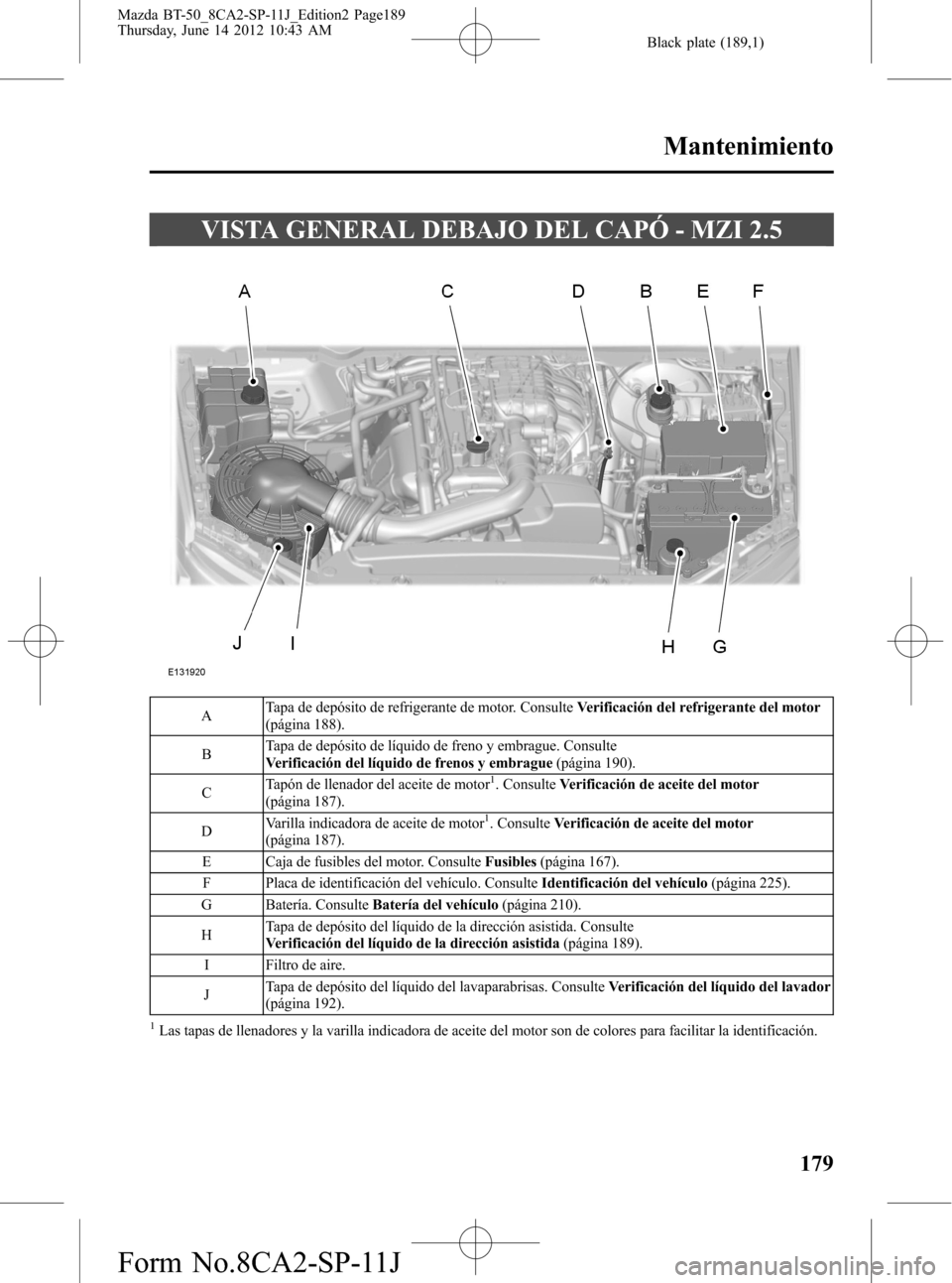 MAZDA MODEL BT-50 2014 Manual del propietario (in Spanish) Black plate (189,1)
VISTA GENERAL DEBAJO DEL CAPÓ - MZI 2.5
ATapa de depósito de refrigerante de motor. ConsulteVerificación del refrigerante del motor
(página 188).
BTapa de depósito de líquido MAZDA MODEL BT-50 2014 Manual del propietario (in Spanish) Black plate (189,1)
VISTA GENERAL DEBAJO DEL CAPÓ - MZI 2.5
ATapa de depósito de refrigerante de motor. ConsulteVerificación del refrigerante del motor
(página 188).
BTapa de depósito de líquido