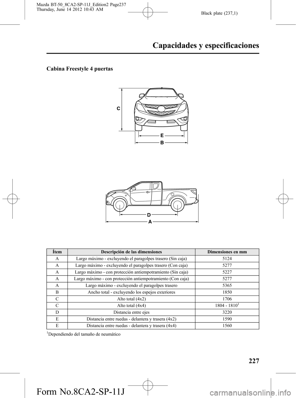 MAZDA MODEL BT-50 2014  Manual del propietario (in Spanish) Black plate (237,1)
Cabina Freestyle 4 puertas
B
E
C
D
A
Ítem Descripción de las dimensiones Dimensiones en mm
A Largo máximo - excluyendo el paragolpes trasero (Sin caja) 5124
A Largo máximo - ex