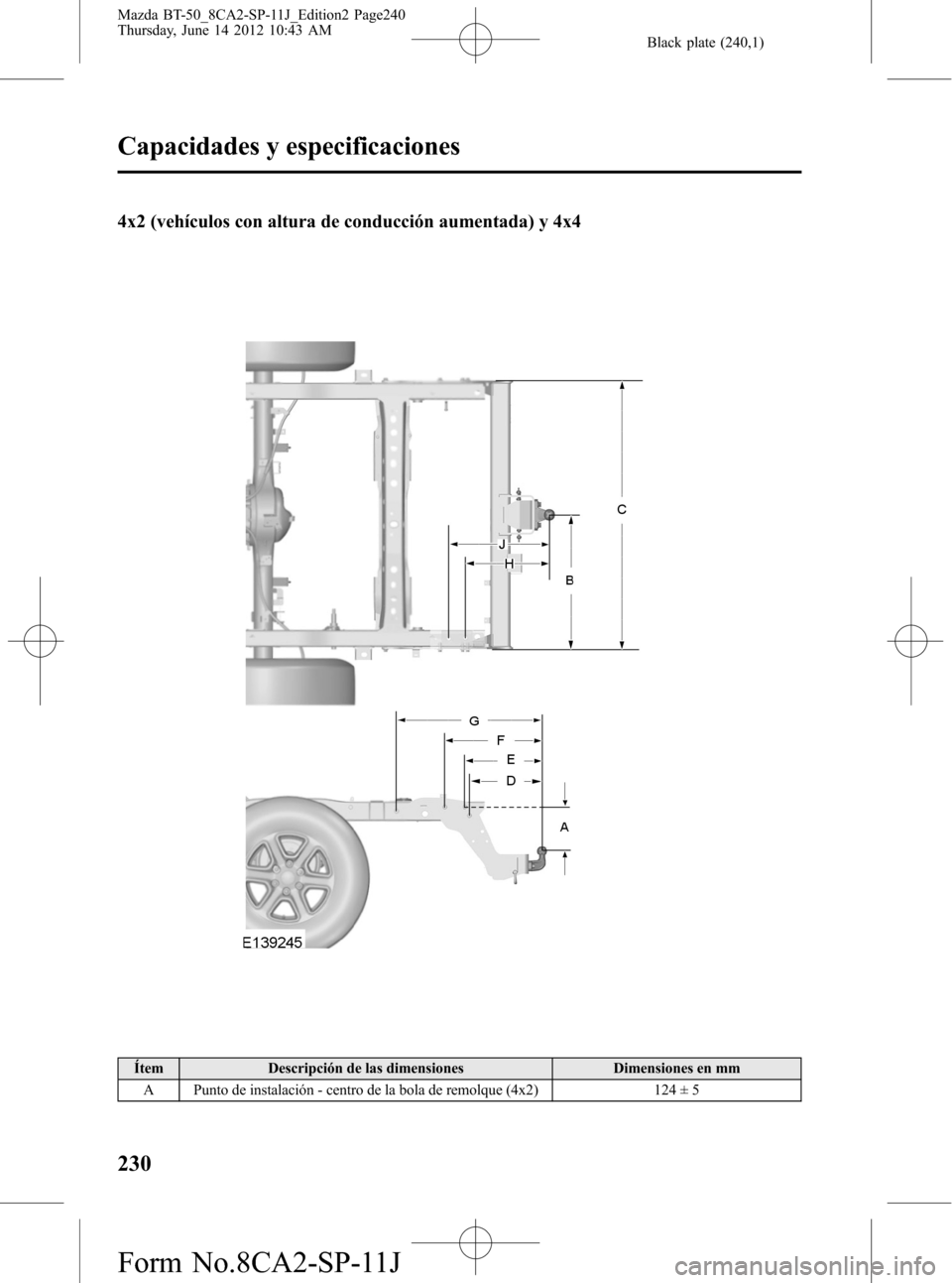 MAZDA MODEL BT-50 2014  Manual del propietario (in Spanish) Black plate (240,1)
4x2 (vehículos con altura de conducción aumentada) y 4x4
Ítem Descripción de las dimensiones Dimensiones en mm
A Punto de instalación - centro de la bola de remolque (4x2) 124