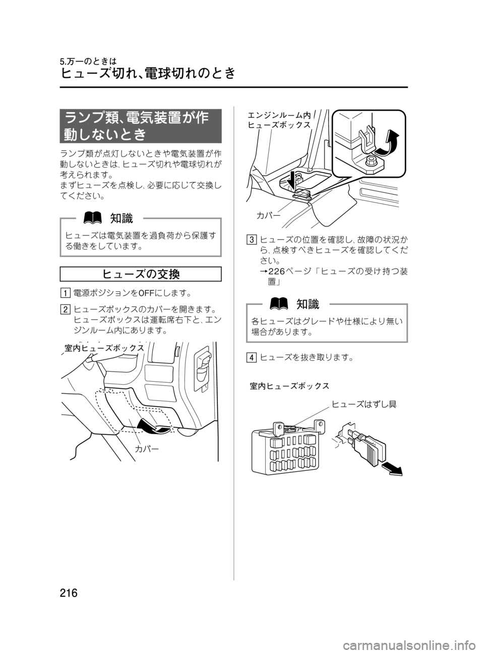 MAZDA MODEL BONGO VAN 2016  取扱説明書 (in Japanese) Black plate (216,1)
ランプ類､電気装置が作
動しないとき
ランプ類が点灯しないときや電気装置が作
動しないときは､ヒューズ切れや電球切れが
考え