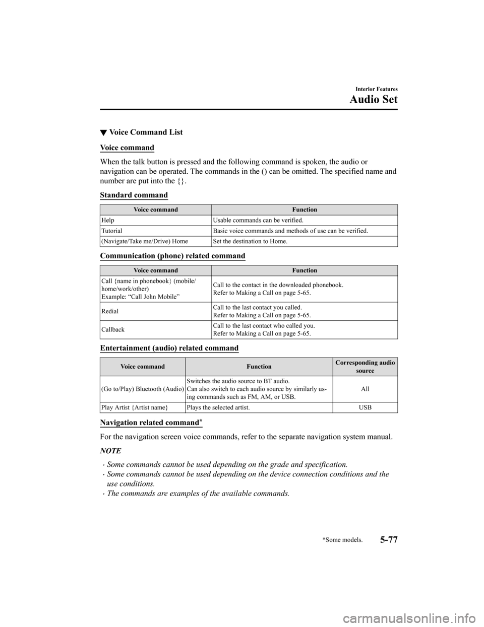 MAZDA MODEL CX-5 2019 Owners Manual (in English) ▼Voice Command List
Voice command
When the talk button is pressed and the following command is sp
oken, the audio or
navigation can be operated. The commands in the () can be omitt ed. The specified MAZDA MODEL CX-5 2019 Owners Manual (in English) ▼Voice Command List
Voice command
When the talk button is pressed and the following command is sp
oken, the audio or
navigation can be operated. The commands in the () can be omitt ed. The specified