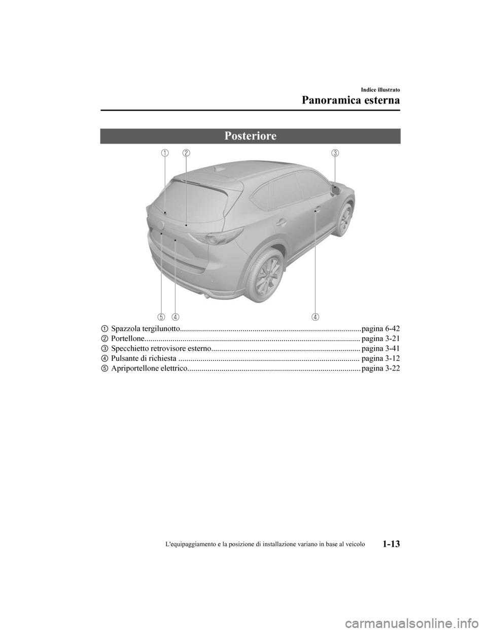 MAZDA MODEL CX-5 2019  Manuale del proprietario (in Italian) Posteriore
①Spazzola tergilunotto..........................................................................................pagina 6-42
② Portellone.................................................