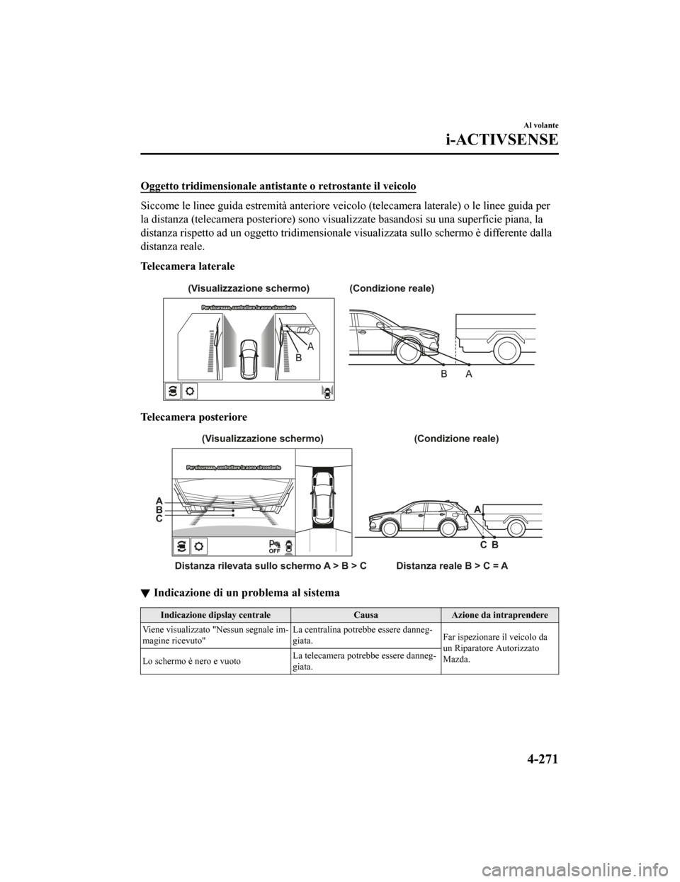 MAZDA MODEL CX-5 2019  Manuale del proprietario (in Italian) Oggetto tridimensionale antistante o retrostante il veicolo
Siccome le linee guida estremità anteriore veicolo (telecamera laterale) o le linee guida per
la distanza (telecamera posteriore) sono visu