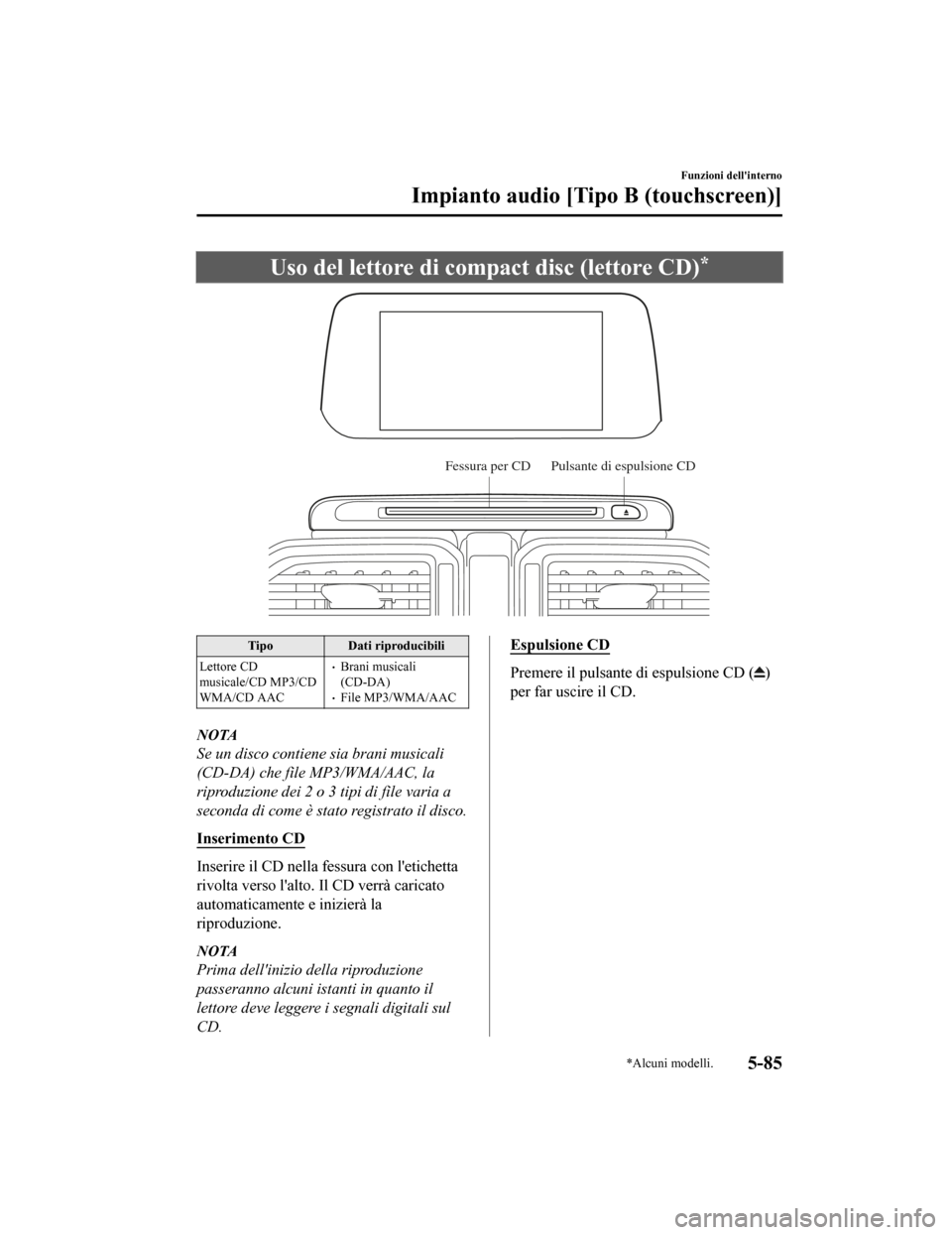 MAZDA MODEL CX-5 2019  Manuale del proprietario (in Italian) Uso del lettore di compact disc (lettore CD)*
Fessura per CDPulsante di espulsione CD
Tipo Dati riproducibili
Lettore CD
musicale/CD MP3/CD
WMA/CD AAC
•Brani musicali
(CD-DA)
•File MP3/WMA/AAC
NOT