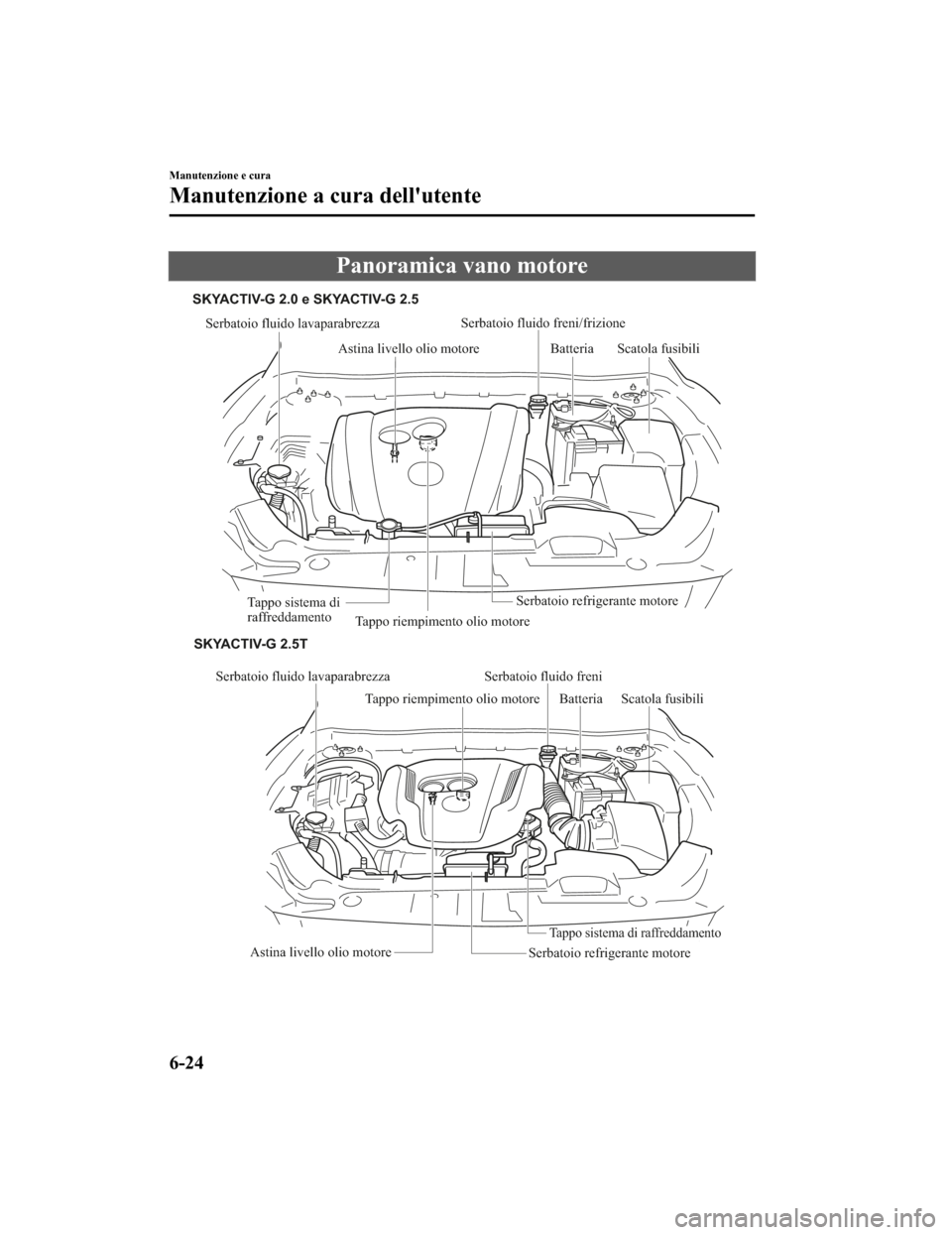 MAZDA MODEL CX-5 2019  Manuale del proprietario (in Italian) Panoramica vano motore
Serbatoio fluido lavaparabrezzaTappo riempimento olio motoreSerbatoio fluido freni/frizione
Astina livello olio motore Batteria
Scatola fusibili
Tappo sistema di 
raffreddamento