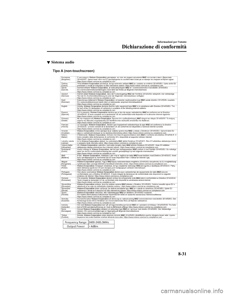 MAZDA MODEL CX-5 2019  Manuale del proprietario (in Italian) Sistema audio
Tipo A (non-touchscreen)
Informazioni per lutente
Dichiarazione di conformità
8-31
CX-5_8HD5-EE-18K-IT_Edition12019-2-14 17:51:09 